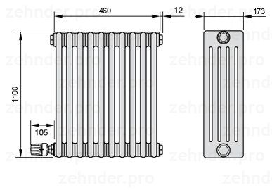 Схема (чертеж) Радиатор Zehnder Charleston 5110/10 №V003 Белый глянцевый RAL 9016